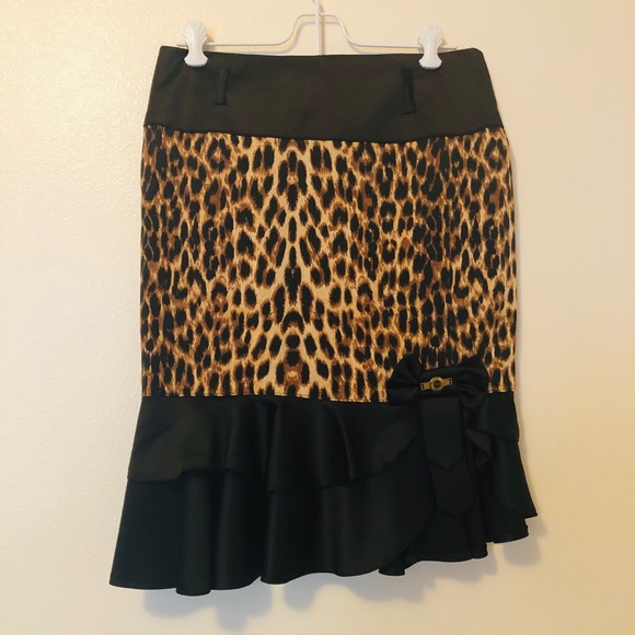 Dresses & Skirts - Leopard Midi Asymmetrical Satin Office Skirt Sz S